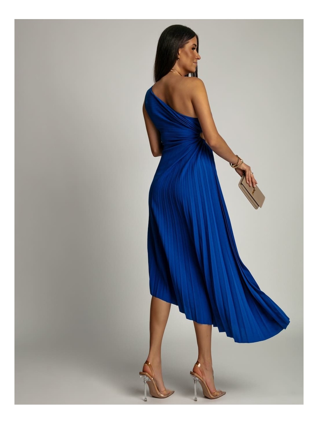 Elegant pleated dress with a cornflower blue flower AZRHP6987